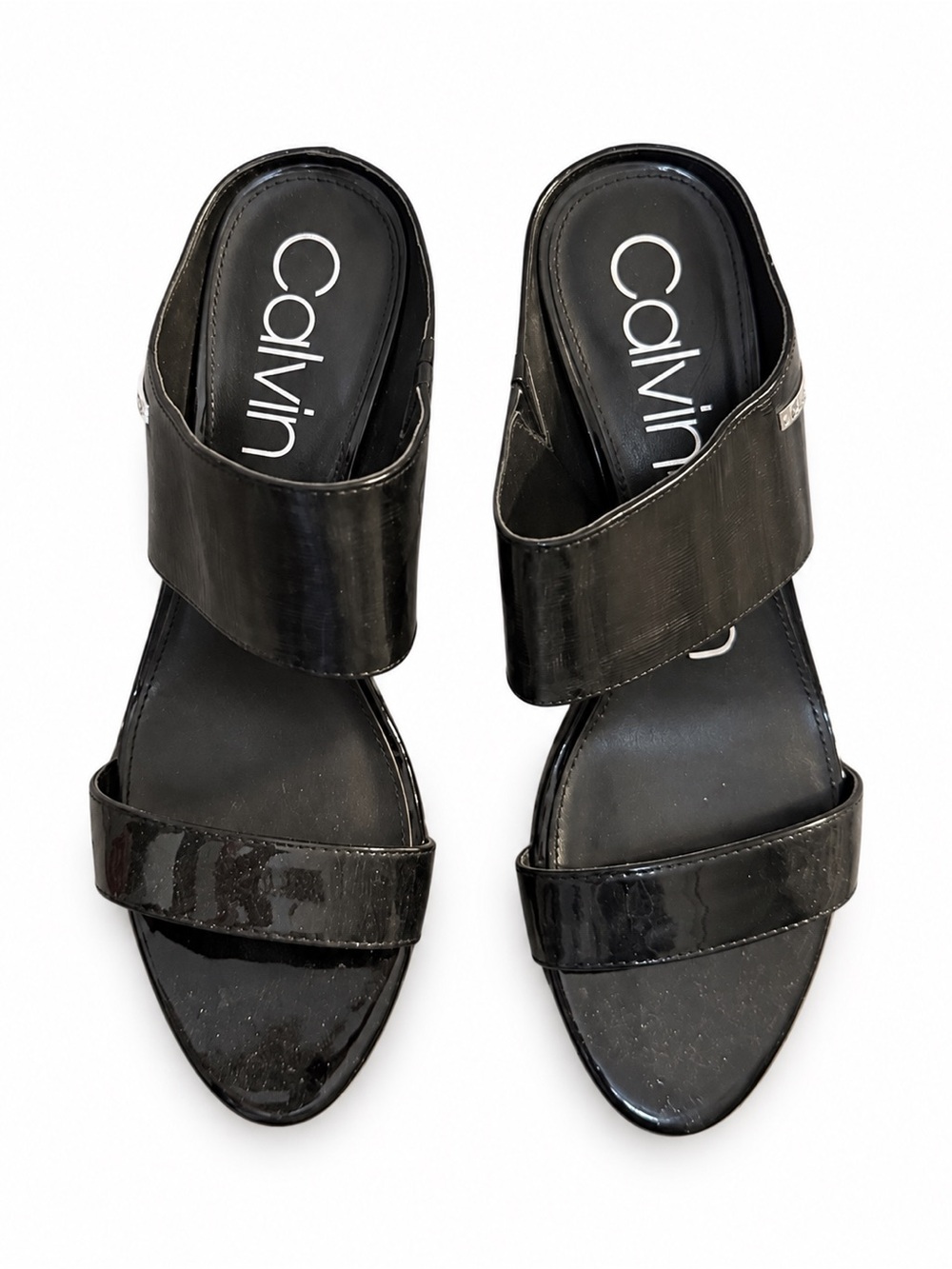 Calvin Klein Black Patent Double-Strap Slide Mules